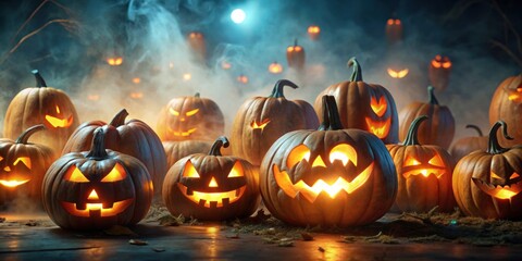 Eerie pumpkin lanterns glowing in the dark, surrounded by ghostly figures, Halloween, spooky, night, pumpkins, lanterns