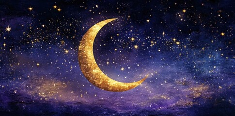 Fototapeta premium Golden Crescent Moon Amidst a Starry Night Sky