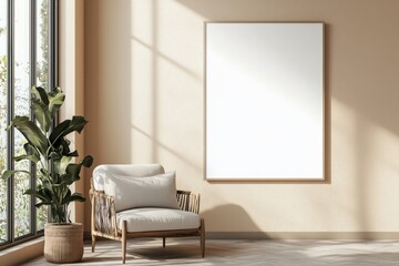 Poster Frame in Beige minimalist living room interior created with generative AI