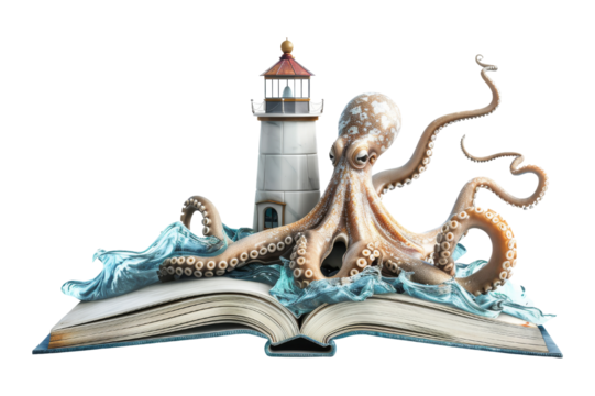 Octopus, Lighthouse and Butterfly Emerging From Book