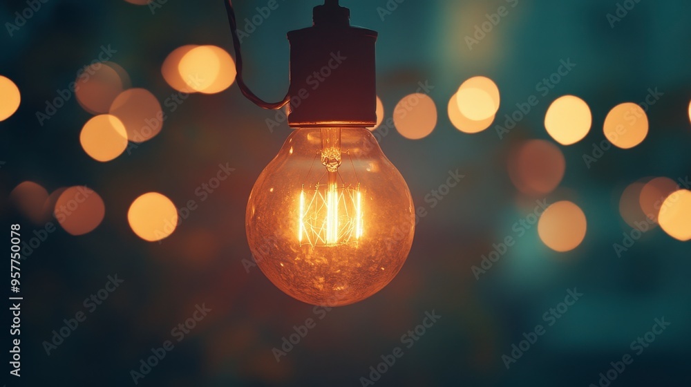 Poster illuminated light bulb with soft bokeh effect for dreamy high-tech concept