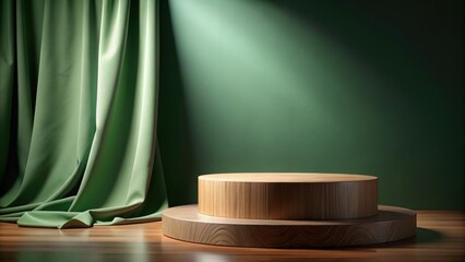 Wood podium with green fabric for product presentation on earth tone background rendering, wood, podium, green