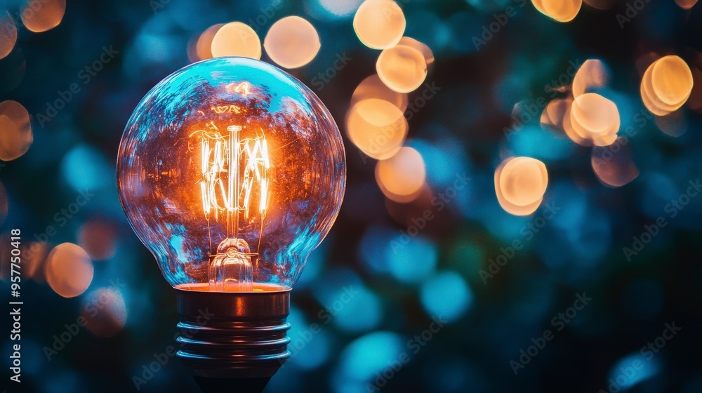 Poster glowing light bulb with soft bokeh effect for dreamy high-tech vibe