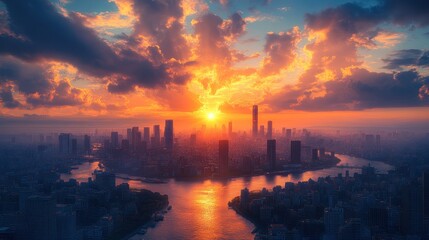 Fototapeta premium Golden Sunset Over Cityscape