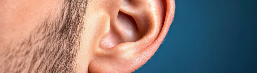 Fototapeta premium Close-up view of a human ear with soft lighting, showcasing its intricate details and textures against a blue background.