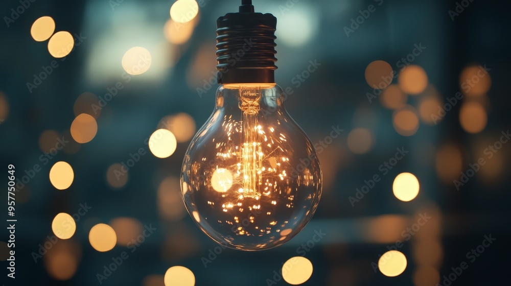 Poster illuminated light bulb with soft bokeh effect for dreamy high-tech vibe