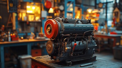Close-Up of a Powerful Engine in a Workshop