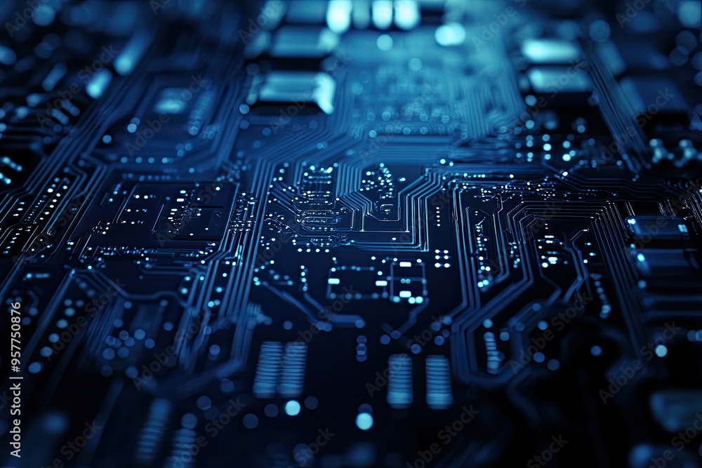 Poster a close-up view of an electronic circuit board showcasing intricate lines and connections in a dark,