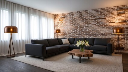 Fototapeta premium A Modern Living Room With An Exposed Brick Wall With Furniture Interior