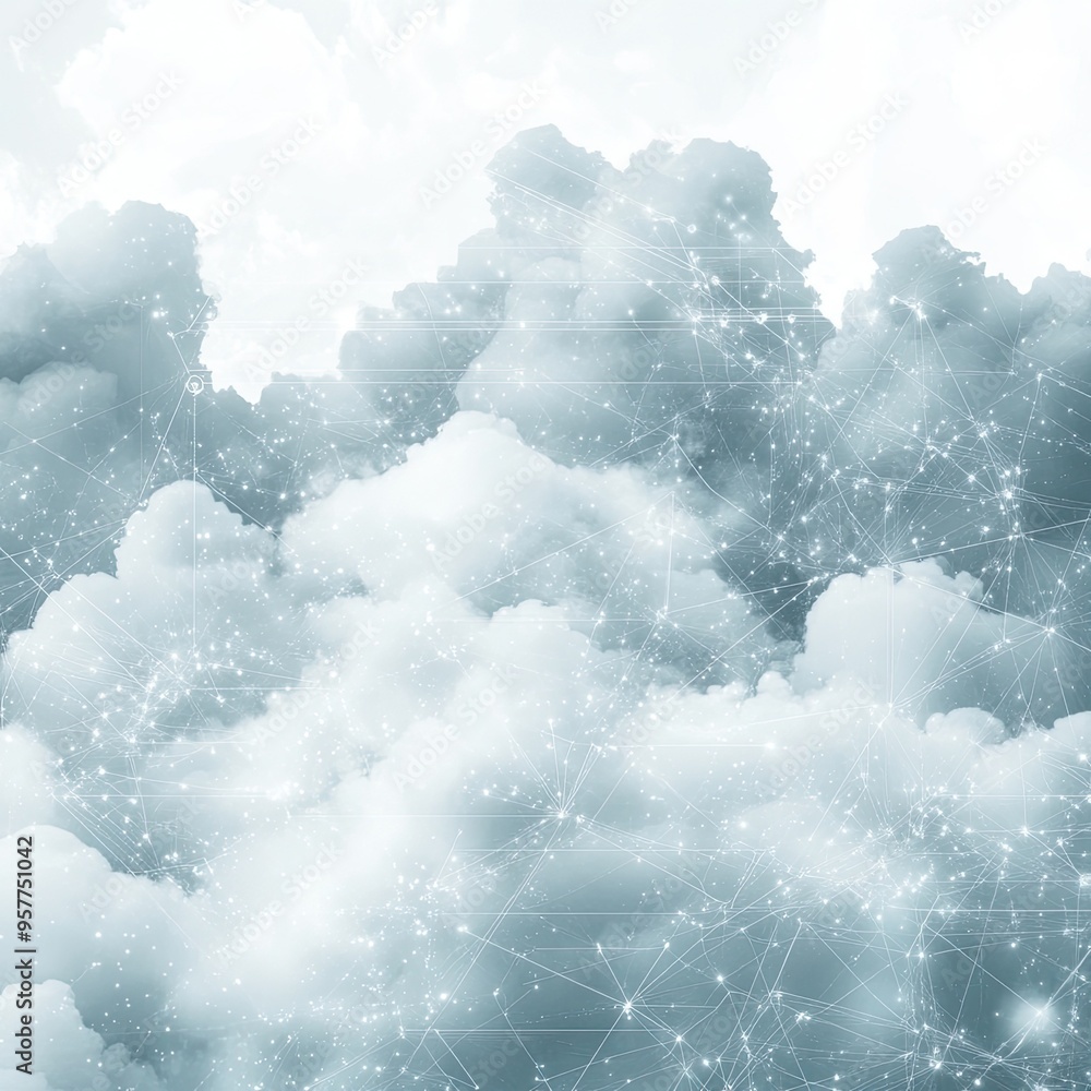 Poster a serene cloudscape featuring soft clouds illuminated by light with a hint of digital stars, perfect