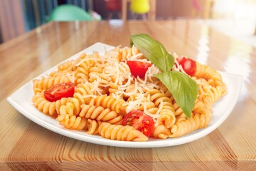 Colorful tasty fresh pasta dish in bowl