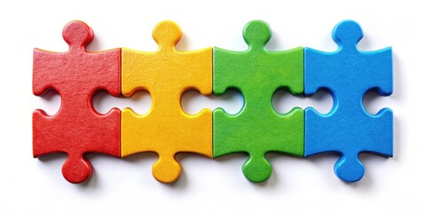 Obraz premium Four vibrant puzzle pieces forming a complete picture, teamwork, collaboration, problem solving, strategy