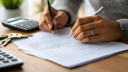 Hands signing a home refinance agreement on a desk with a calculator, keys, and loan documents, symbolizing financial commitment and stability