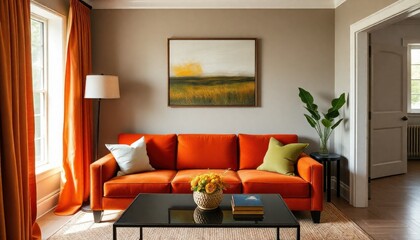 a chic and inviting home setting displaying a bold burnt-orange settee paired with olive-green accents