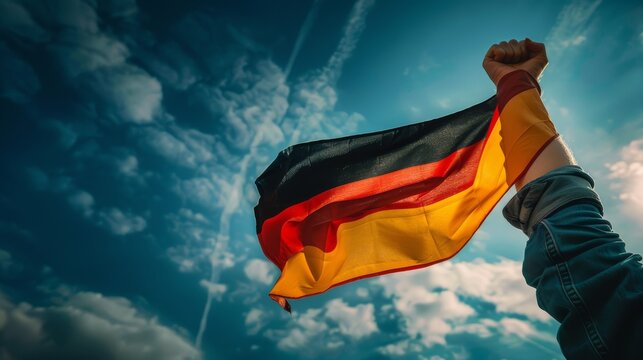 German Flag Wrapped Around an Arm and Proudly Blowing in the Wind. Copy Space