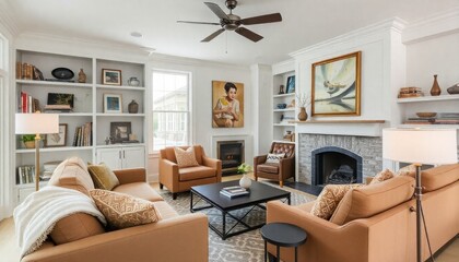 a chic lounge area that blends contemporary design with homey touches. It should have plush seating arrangements like sofas and recliners in earth tones, accessorized by throw pillows