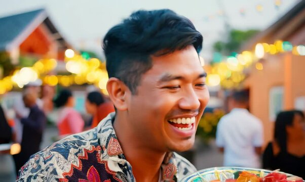 Malaysian Man Celebrating at Neighborhood Block Party