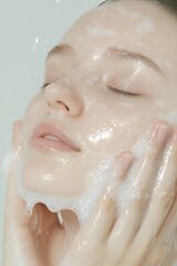 A natural beautiful girl with clean skin washes