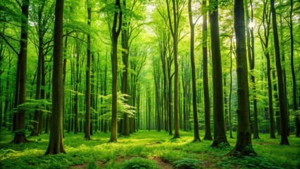 Obraz premium Lush green trees standing tall in a dense forest, nature, woods, foliage, environment, greenery, woodland