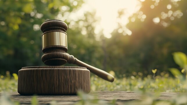 Justice in the Wild: A judge's gavel rests on a weathered stump, embodying the intersection of law and nature with the soft glow of sunset. 