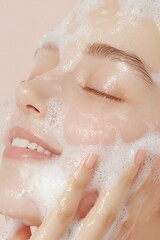 Fototapeta premium A natural beautiful girl with clean skin washes