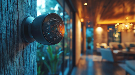 Smart security camera mounted on wall, monitoring modern home interior