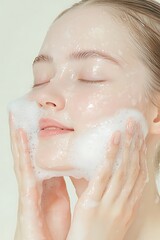 A natural beautiful girl with clean skin washes