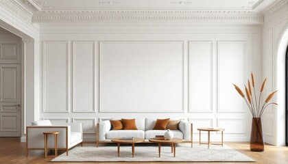 a contemporary living space with ornate crown moldings on white walls, minimal furniture including a sleek sofa with cushions, and natural elements like dried reeds in a floor vase
