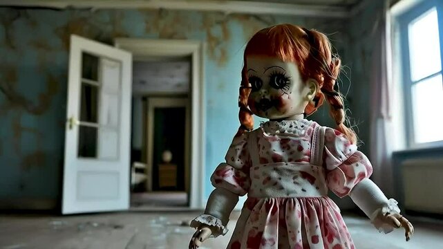a creepy doll  in an abandoned house