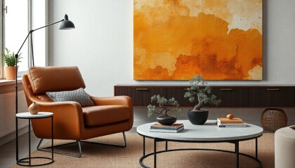 a cozy corner in a contemporary living room showcasing an elegant leather lounge chair in caramel, accompanied by a round coffee table adorned with books and a delicate bonsai tree
