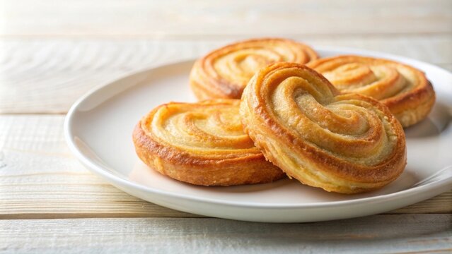 Delicate and flaky palmier pastry on a white plate, French, dessert, sweet, bakery, crispy, golden, buttery, delicious