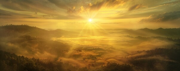 Obraz premium Golden sunrise over a mist-covered valley, 4K hyperrealistic photo