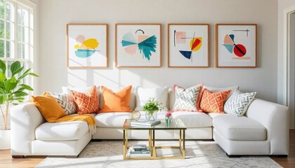 a cozy white sofa surrounded by lively pops of color from decorative cushions, situated in a sunlit room with tasteful abstract art pieces hanging above