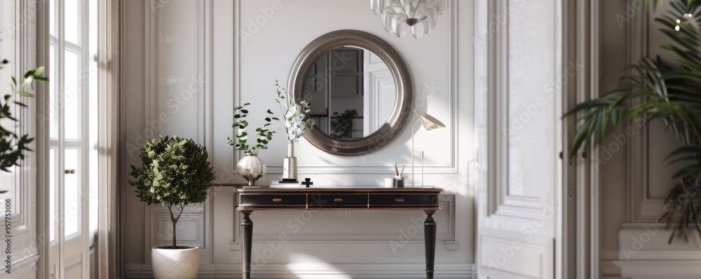 Poster elegant entryway with a console table and mirror, 4k hyperrealistic photo
