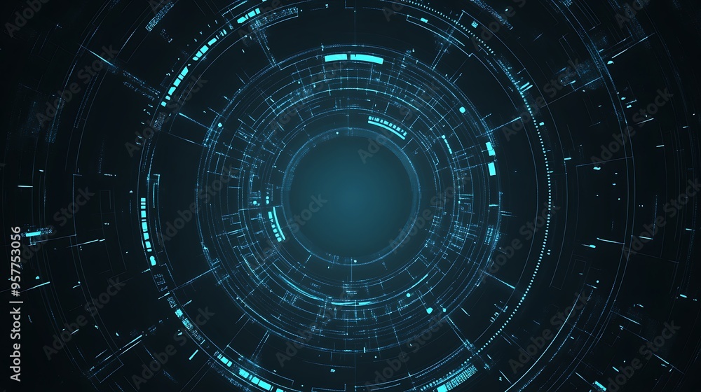 Poster abstract blue glowing digital lines and circles on a black background