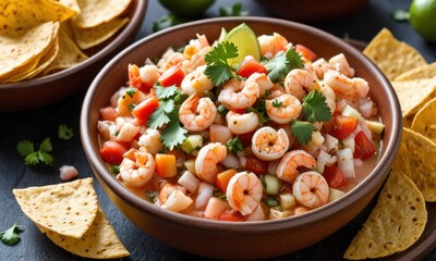 A light and zesty ceviche made with shrimp, lime juice, tomatoes, and cilantro, served with crispy tortilla chips.