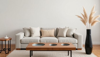a minimalist living room with a neutral color palette, featuring a beige sofa with matching pillows, a wooden coffee table with round depressions, and decorative dried pampas grass in a tall black vas