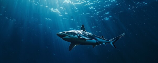 Fototapeta premium Majestic shark swimming gracefully in deep sea, 4K hyperrealistic photo