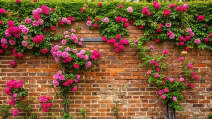Naklejka premium Old brick wall with climbing roses in full bloom , antique, historic, architecture, flowers, vines, red, pink, blossoms