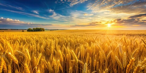 Naklejka premium Golden wheat and rye fields stretching to the horizon , agriculture, farm, harvest, rural, countryside, landscape, crops