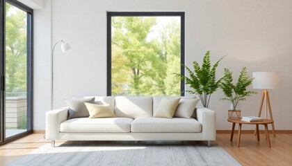 a modern living room with a large window allowing natural light to illuminate a white sofa with neutral-colored cushions.