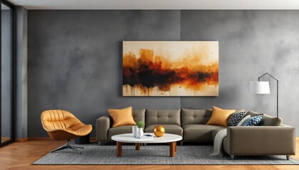 a modern living room with textured gray walls, an abstract wall painting with earthy tones, and contemporary furniture including a unique circular chair.