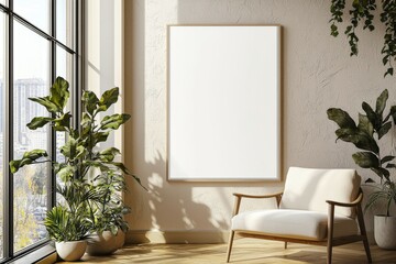 Poster Frame in Beige minimalist living room interior created with generative AI