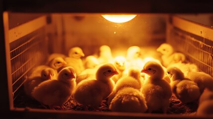 Baby chicks under a warm lamp