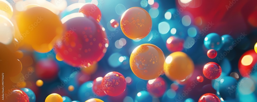 Poster bouncing 3d balls with dynamic motion trails, 4k hyperrealistic photo