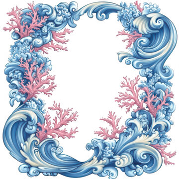 Ornate decorative frame featuring blue ocean waves and pink coral accents, creating a beautifully detailed underwater-themed border design