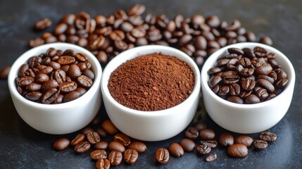 Fototapeta premium Coffee Bliss: Array of Fresh Coffee Beans in Various Shades Around a Cup with Ground Coffee Drops for Texture