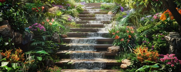 Beautiful garden with cascading flowers and stone steps, 4K hyperrealistic photo