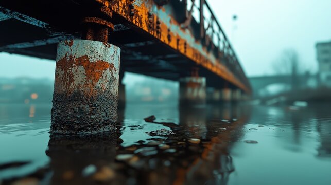 A deteriorating bridge with corroded supports serving as a metaphor for the adverse impacts of oxidation