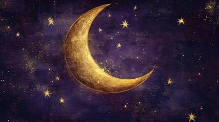 Naklejka premium Golden Crescent Moon and Stars in a Night Sky
